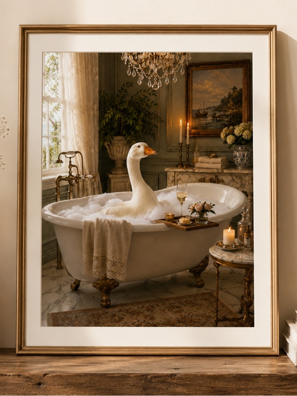 Digital Print Bath Art Print - Goose in White Tub (White)